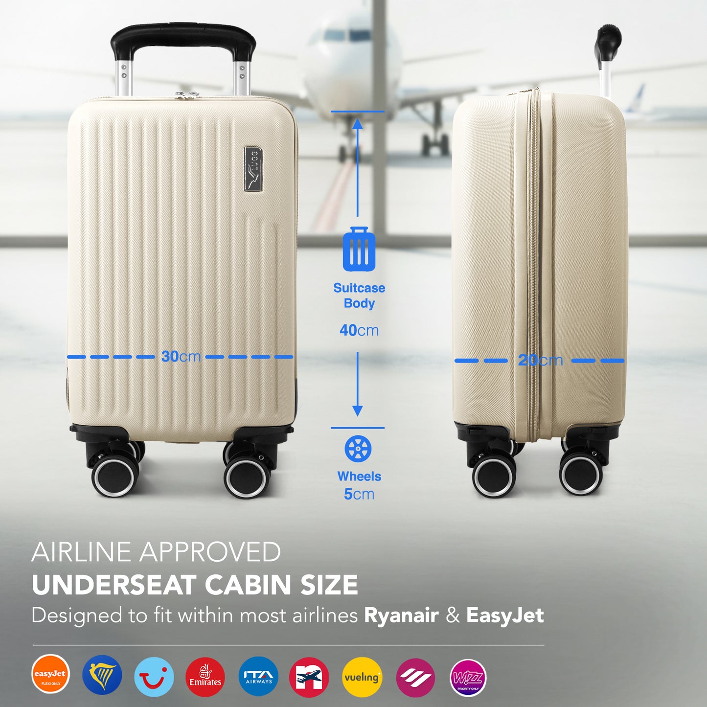 LUGG - Vacay 40cm Suitcase - 40x30x20cm without wheels - Ryanair Compatible - Underseat Size - Hard Shell ABS with Smooth 360° Wheels & Removable Wheels