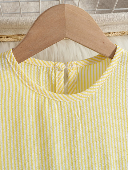 New Summer Style Girls' Colorblock Striped Dress, Cute Flutter Sleeve Dress, Summer Casual Dress, Summer Children's Clothing, Casual Daily Wear, Sweet and Adorable Girls' Dress, Girls' Clothes, Easter