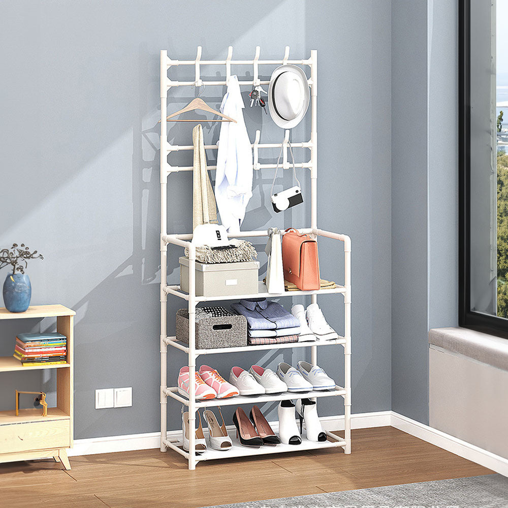 Metal Clothing Rail Rack, Multi Fucntional Coat Hat Stand With Shoe Rack Non Woven Fabric Shelves, Entryway Hall Tree with Bench and Shoe Storage Clothes Rack Hanging Rail Coat Hanger Home Freestanding Coat Rack Hanging Clothes Rack for Clothes, Coats, Sk