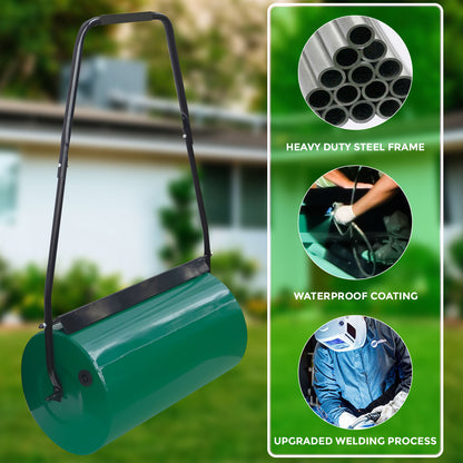 Heavy Duty Garden Grass Lawn Roller - Large Water or Sand Filled Drum, Galvanized Steel Construction, Scraper Bar & Collapsible Handle for Levelling Uneven Ground - Green