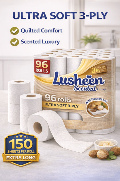 96 Rolls Toilet Tissue 3-Ply Extra Long 150 Sheets – Soft, Strong & Quilted Bulk Loo Roll Pack for Families, Offices & High-Use Homes, Light Fresh Scent