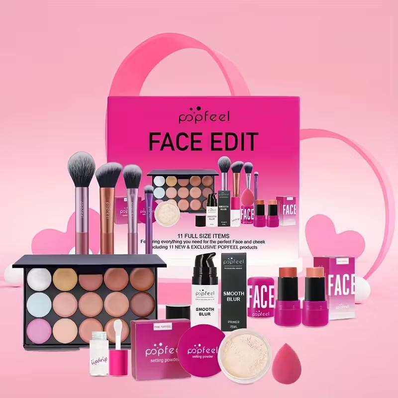 POPFEEL Full Face Makeup Kit, includes facial editing palette - waterproof, sweatproof, long-lasting full coverage, 12-in-1 multi-functional palette containing primer, foundation, concealer, setting powder, blush, contour, highlighter, bronzer, eyeshadow,