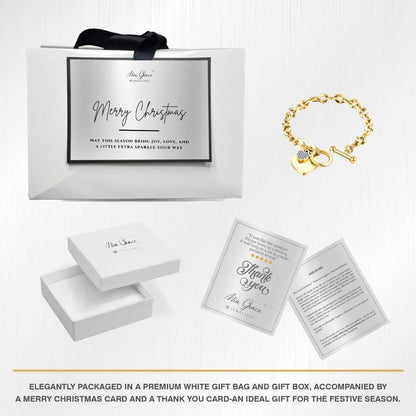 MGJ™ Austrian Crystal Heart Charm Toggle Bracelet for Women – Hypoallergenic Jewelry Gift in Silvery, Golden, or Rose Golden | Includes Premium White Gift Box, Bag & Christmas Card Festive Christmas Gift for Women Ladies, Wife, Her – Includes White Gift B