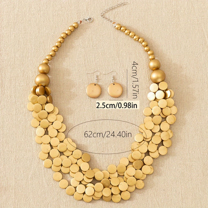 3pcs Bohemian Style Wooden Multi-Layer Necklace And Earrings 7 Colors Optional Women'S Jewelry Set
