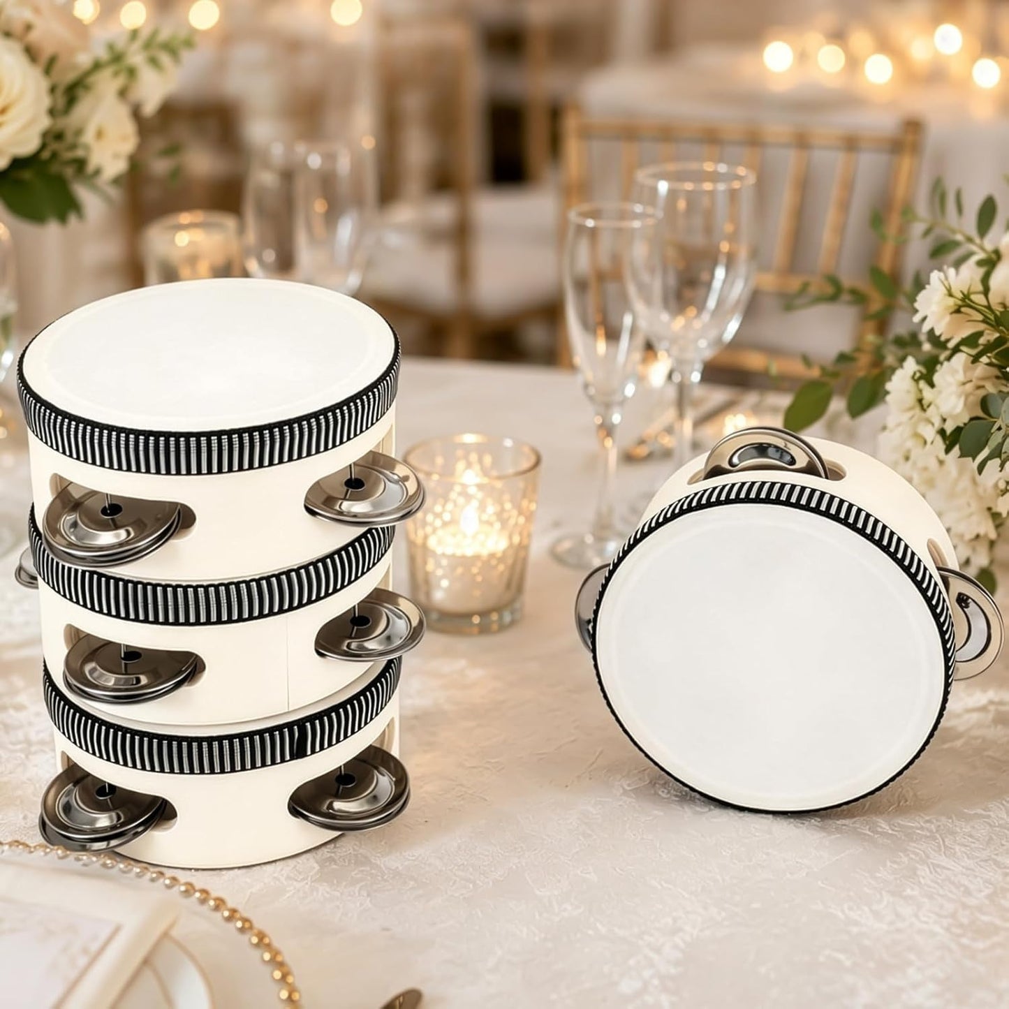 8PCS White & Gold Wedding Tambourine Drums Set for Ceremony & Reception