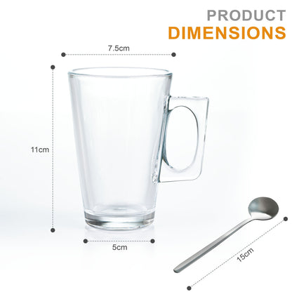 Set of 6 Latte Glasses, Latte Mugs 240 ml Temperature Resistant - Stylish Latte Cups Hot Drink Cafe Mugs - Ideal for Ice Cream Latte, Cappuccino & Hot Chocolate - Transparent