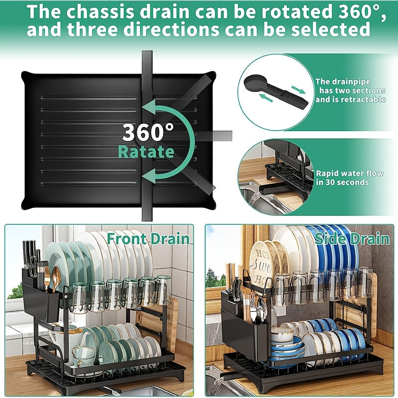 2 Tier Black Dish Drainer Rack, Stainless Steel Drying Rack Kitchen, Drainers Draining Board with Drip Tray, Rust Proof Large Washing Up Sink