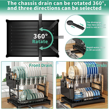 2 Tier Black Dish Drainer Rack, Stainless Steel Drying Rack Kitchen, Drainers Draining Board with Drip Tray, Rust Proof Large Washing Up Sink