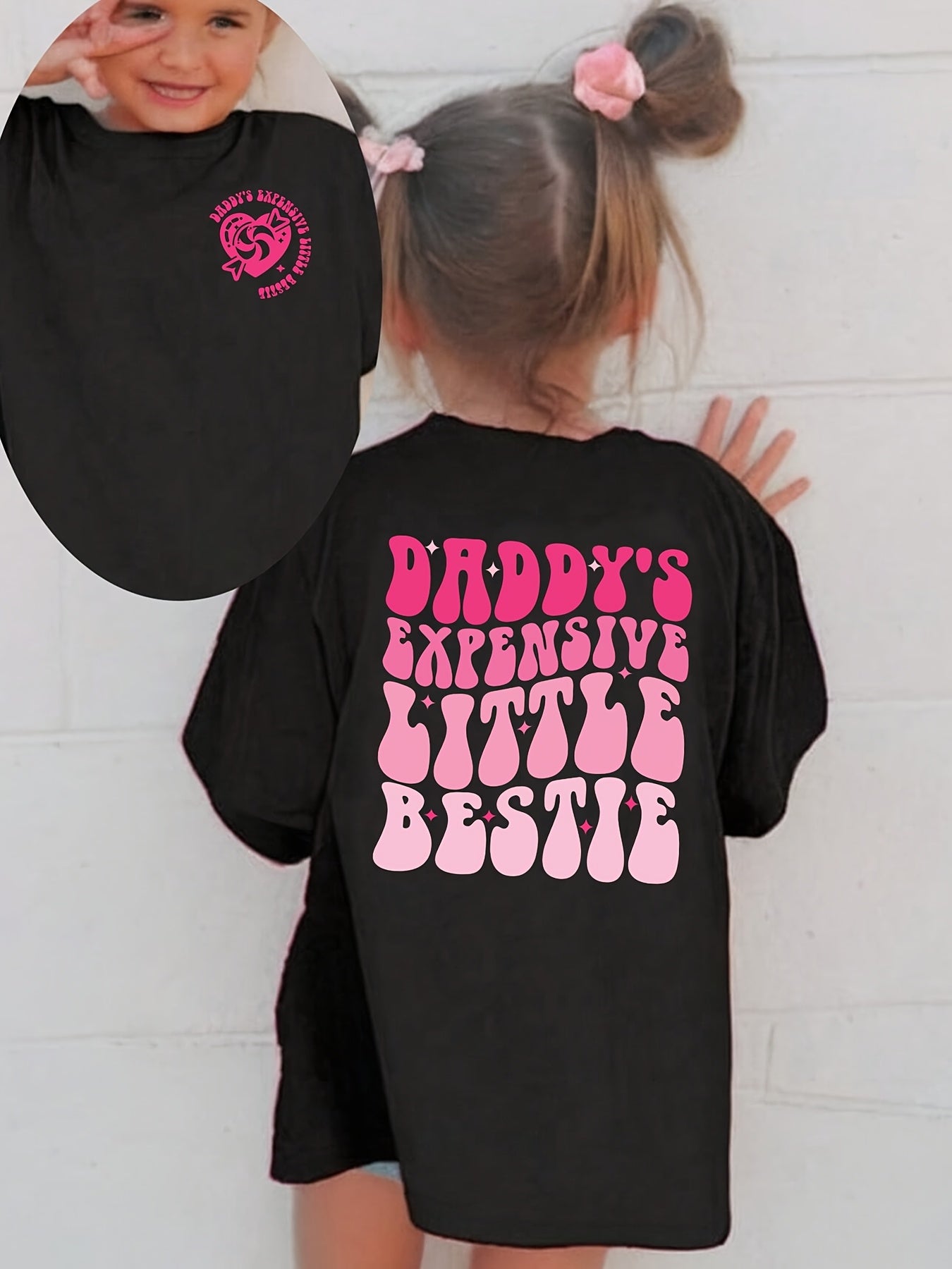 Summer Fashion Girls' Short Sleeve T-Shirt "DADDY'S EXPENSIVE LITTLE BESTIE" Heart Candy Elements Double-Sided Print Casual Versatile Top NY-DX9014
