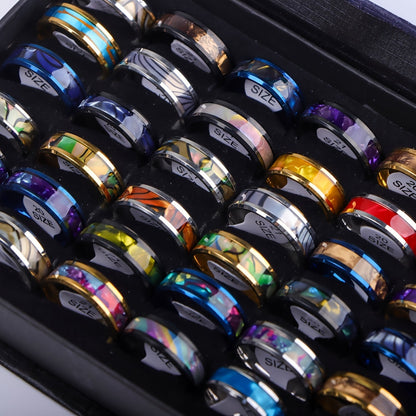 10 Retro Fashion Shiny Multicolor Shell Wood Grain Stainless Steel Rings, Exquisite Men'S Jewelry, Daily Holiday Banquet Party Wear Birthday Anniversary Gift Random Style Delivery Without Box