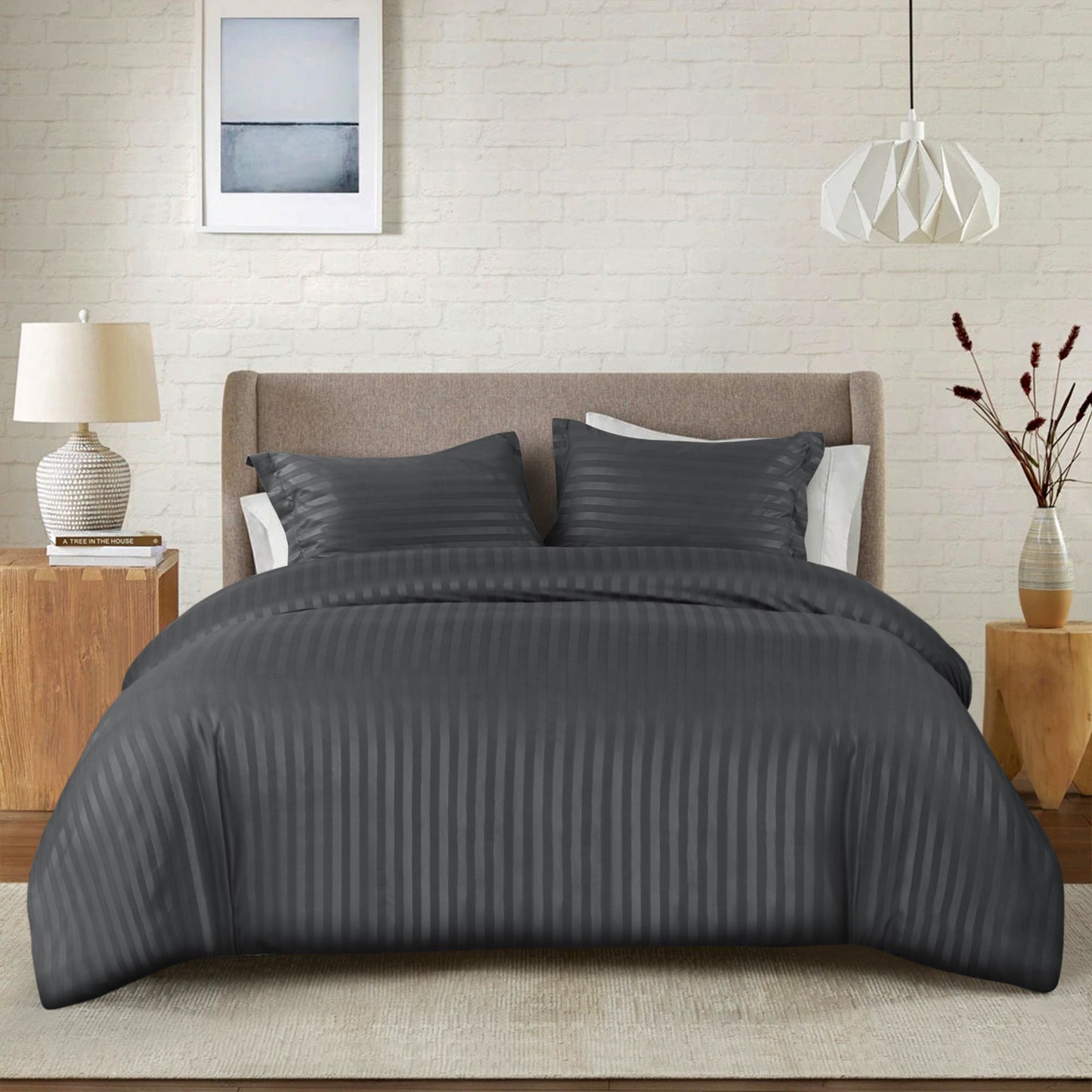 Premium Hotel Quality Satin Stripe Duvet Cover Set Double with Pillowcases | Reversible Soft Quilt Bedding | Easy Care Breathable Luxury Quilt Cover