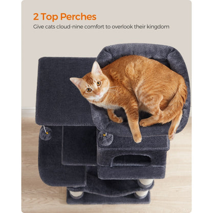 112cm Cat Tree Multi-Level Plush Tower Condo with 4 Scratching Posts, Hammock, Cave & Platforms – Stair-Step Design with Hanging Toys | Easy Assembly Indoor Cat Furniture | Pink White Beige Grey | UK