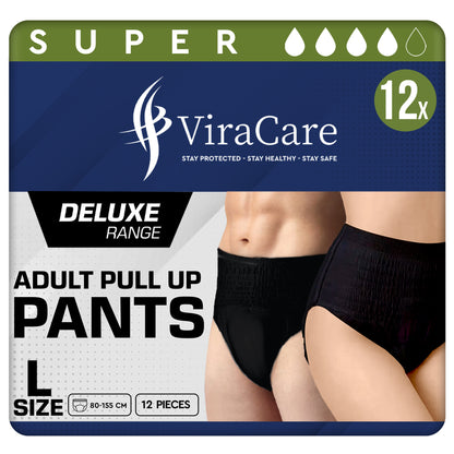 12 x Black Pull Up Pants Women & Men | Super Pull Up Pants | Adult Nappies | High Absorption and Soft-Stretch Waistband | Size S, M, L, XL | (1 Pack of 12)