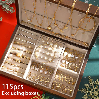 115pcs Fashion Elegant Love Heart Butterfly Necklace Synthetic Zirconia Imitation Pearl Christmas Theme Stud Earrings Hoop Earrings Bracelet Bangle Ring Five-In-One Multi-Piece Jewelry Set Women'S Daily Party Holiday Gift Fashion Jewelry Gift for Gi