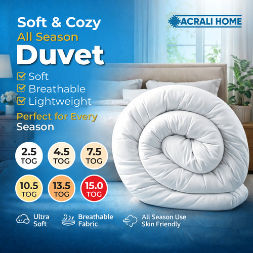 ACRALI HOME Summer Duvet Quilt All Seasons – Soft Breathable Lightweight Comforter 2.5 4.5 7.5 10.5 13.5 15 Tog – Cool Summer to Extra Warm Winter Quilt – Hotel Quality Luxury Bedding – Single Double King Super King – Machine Washable Durable Duvet Insert