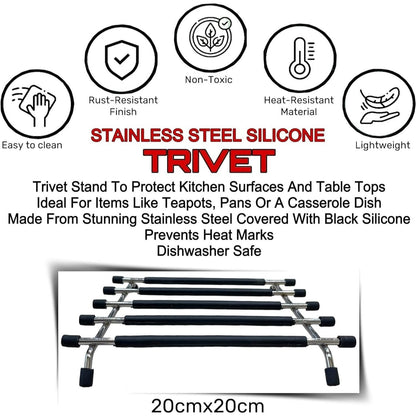 2pack Kitchen Trivet Stand with Anti Slip Base Stainless Steel Trivets for Kitchen Worktops, Hot Pans, Hot Trays & Plates Stand Heatproof Kitchen Accessories Table Mats Placemats (Black (pack of 2))