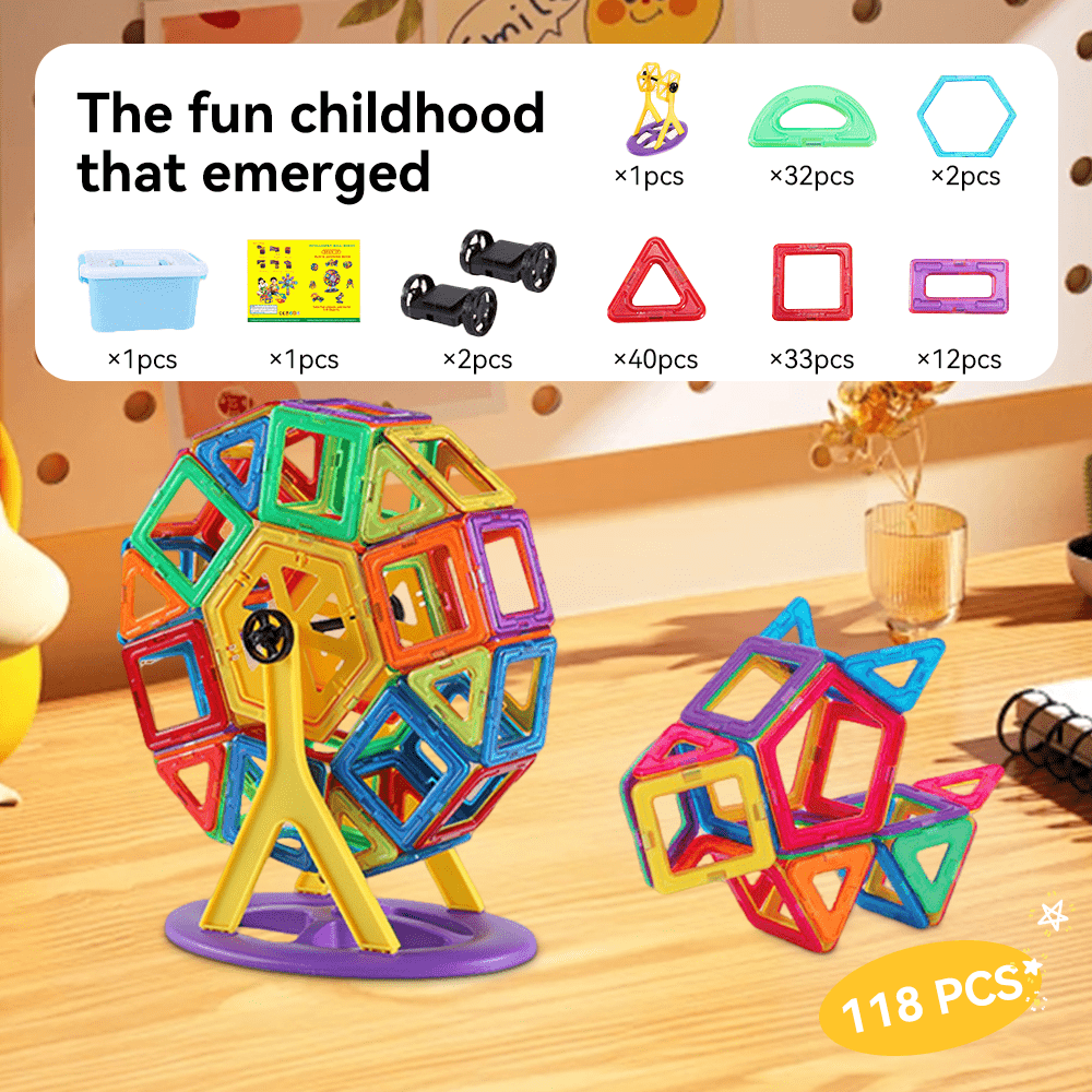 118pcs Magnetic Building Blocks Set - Large Construction Toys | Educational Magnet Toy with Storage Box, Multicolor Geometric Shapes for Learning & Birthday Gifts