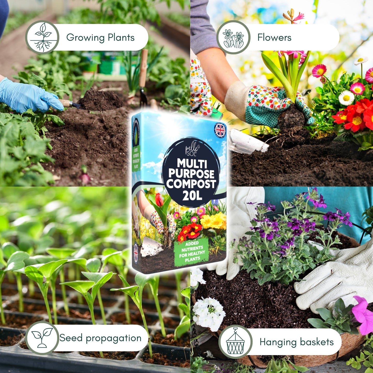 Pelle & Sol 10/20/40/50/60Ltr Multi Purpose Compost - Compost for Outdoor Plants & Soil for Plants Indoors - Potting Soil for Pots Plants Outdoor - All Purpose Nutrient Rich Fertiliser, Houseplant Potting Mix