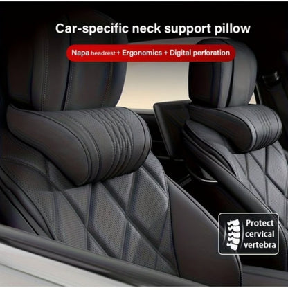Nappa Leather Car Neck Pillow Headrest and Lumbar Support Cushion Breathable Embroidery Design Universal Auto Interior Accessory
