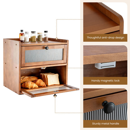 Double Layer Bread Box for Kitchen Counter, 2 Decker Large Wooden Bread Bin, Corner Bread Storage Container with Acrylic Windows, Dry Food Container with Air Vents to Keep Fresh, Self Assembly