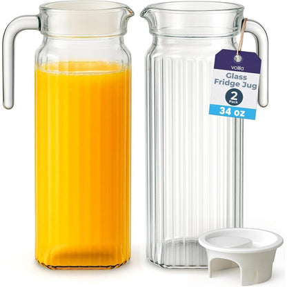 Fridge Jug Glass Water Jug with Lid - Clear Water Pitcher with Ribbed Glass Design & Handle for Fridge Shelf & Everyday - Juices, Pimms & Picnics