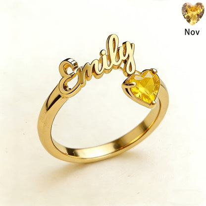 Personalized Heart Birthstone Ring, Custom Birthstone Golden Name Ring, Stainless Steel Elegant Nameplate Open Ring, Best Birthday Gift for Her, Birthstone Jewelry, Light Issues May Cause Color Differences in Birthstones