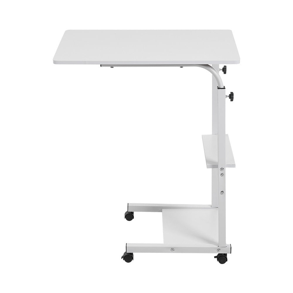 Rolling Mobile Laptop Desk with 2-Tier Storage Shelves – Height-Adjustable Overbed Side Table with Lockable Wheels for Home Office, Bed, Sofa & Study, Space-Saving WFH Workstation