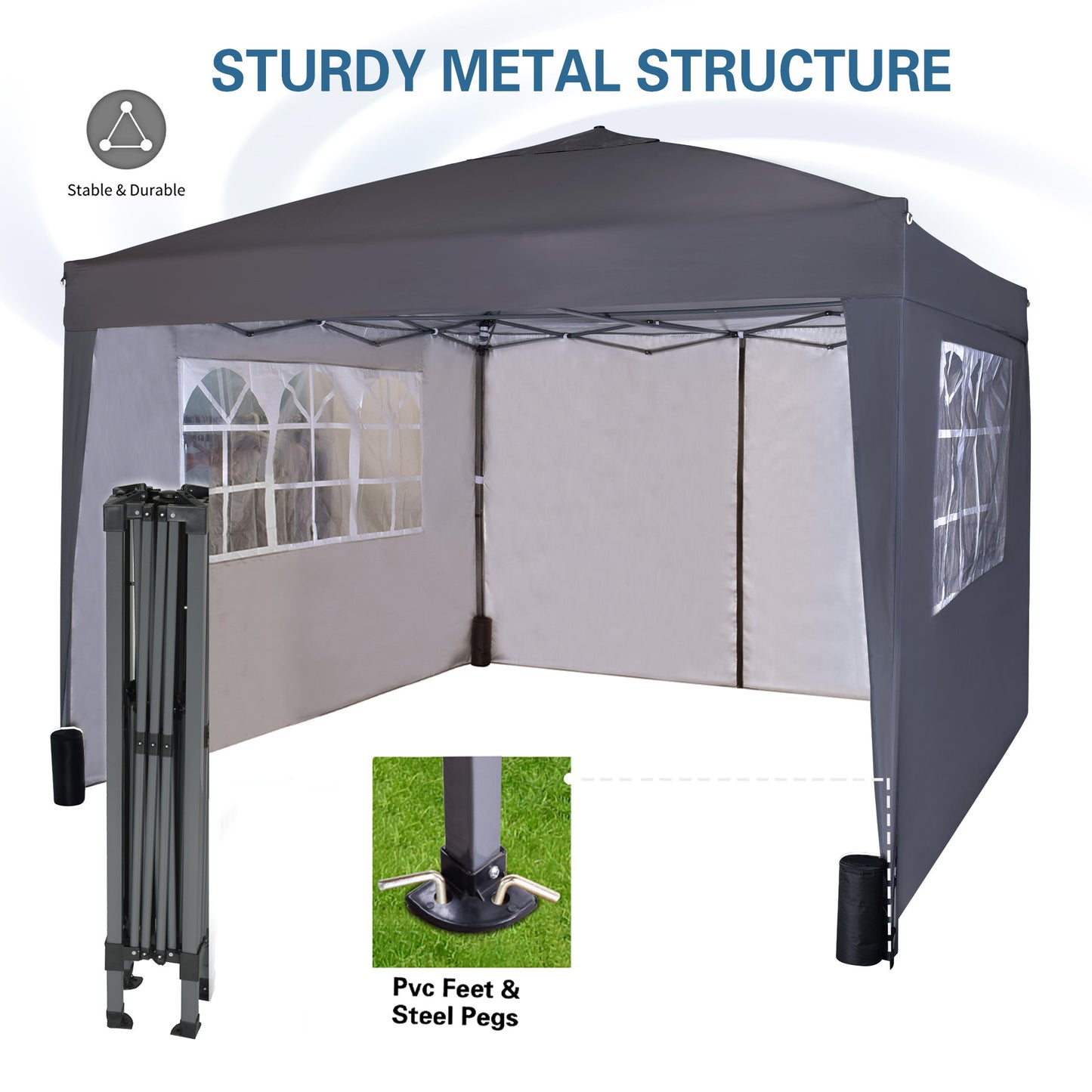 Pop-up Gazebo 3m x 3m with Sides & 4 Weight Bags & Silver Protective Layer Waterproof Marquee Canopy