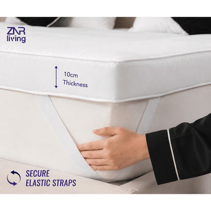 Supersoft 10cm Mattress Topper with Elasticated Corner Straps – 4 Inch Thick Soft Fill Bed Topper | Single, Double, King & Super King | White