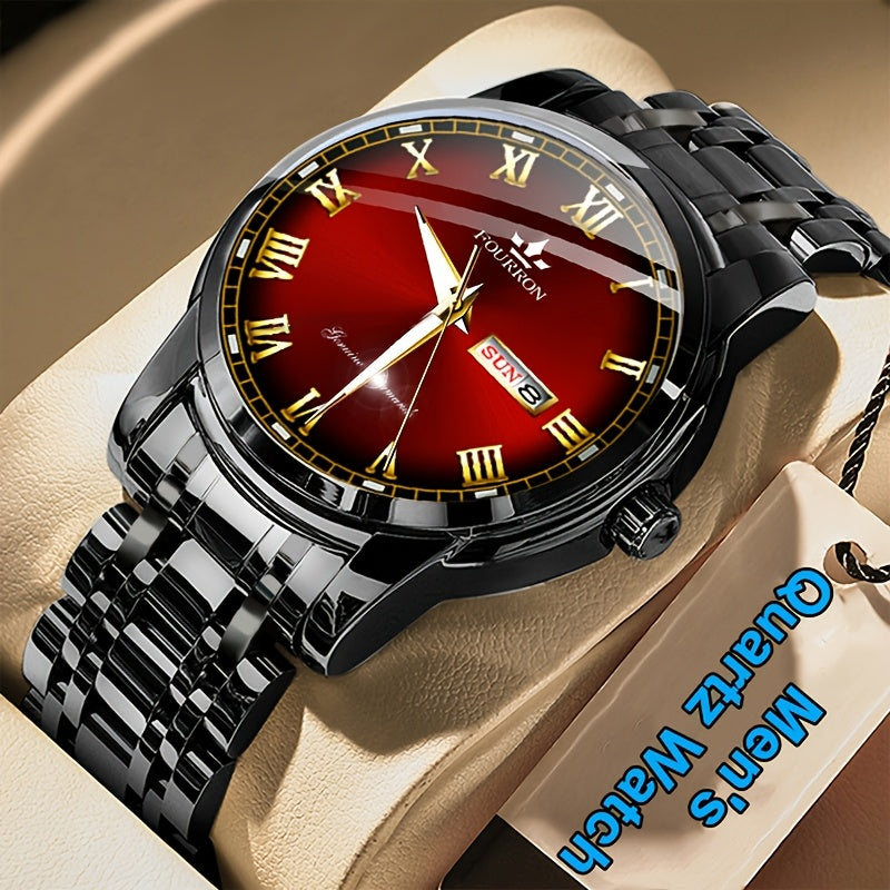 1pc FOURRON Brand New Trendy Fashion Men'S Quartz Watch Stainless Steel Strap with Day Date, Roman Numeral Disc Multi-Function Luminous Luxury Men'S Wristwatches, Friends And Relatives Birthday Gifts, Holiday Party Gifts Preferred Choice