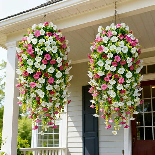 4 Large Artificial Red Lotus And White Morning Glory Hanging Vines, Realistic Plastic Faux Flowers, Maintenance-Free, for Home Wedding Garden Porch Eaves Decor
