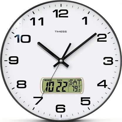TIMESS Calendar Display Analog Wall Clock, 12/14 Inch 2-color Large Dial Silent, Can Display Perpetual Calendar And Fahrenheit Temperature, Bedroom, Office, School Decoration