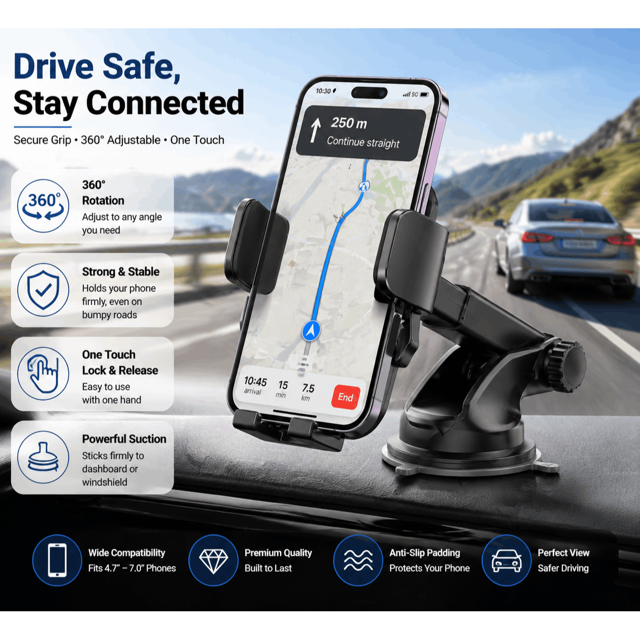 Heavy Duty Car Cell Phone Mount - Anti-Shake Stable Suction Cup Holder with Quick-Release Button - Flexible Long Arm Dashboard Mount for Hands-Free Navigation and Calling