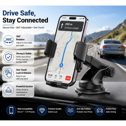 Heavy Duty Car Cell Phone Mount - Anti-Shake Stable Suction Cup Holder with Quick-Release Button - Flexible Long Arm Dashboard Mount for Hands-Free Navigation and Calling