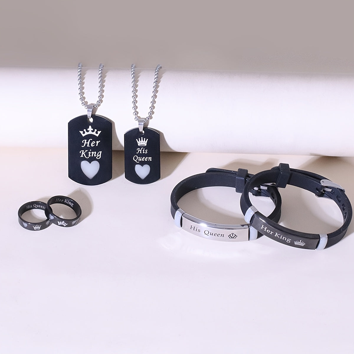 Stainless Steel 6pcs Set Glow-in-the-Dark Heart Crown "Her King His Queen" Couple Necklace Bracelet Ring Set, Women's Fashion Love Promise Gift Jewelry