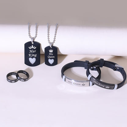 Stainless Steel 6pcs Set Glow-in-the-Dark Heart Crown "Her King His Queen" Couple Necklace Bracelet Ring Set, Women's Fashion Love Promise Gift Jewelry