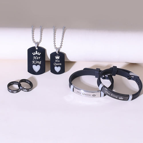 Stainless Steel 6pcs Set Glow-in-the-Dark Heart Crown "Her King His Queen" Couple Necklace Bracelet Ring Set, Women's Fashion Love Promise Gift Jewelry