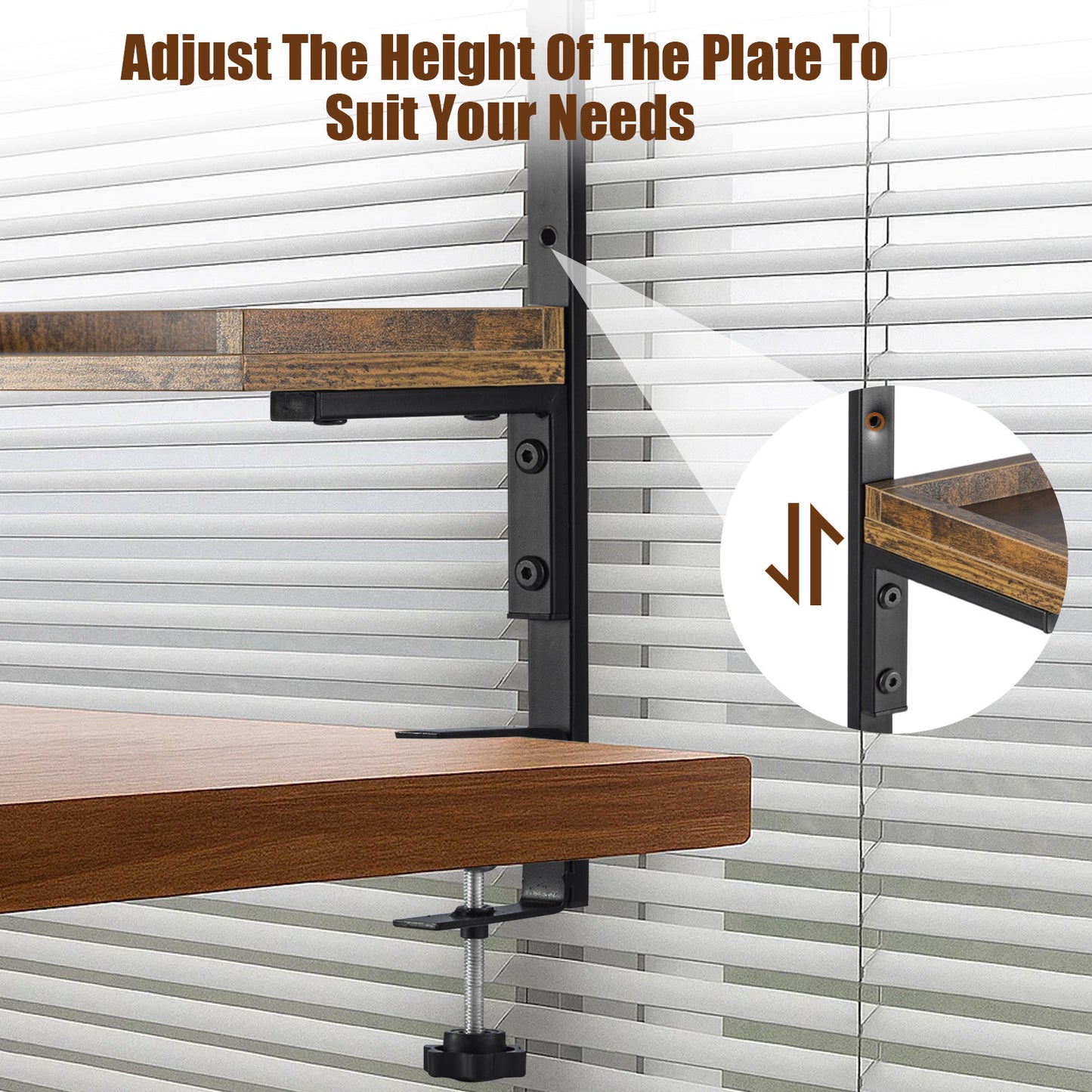 2-Tier Brown Clamp-On Desk Shelf Wood Shelving Unit Adjustable Height for Office Gaming Accessories, Tabletop Book Storage Rack