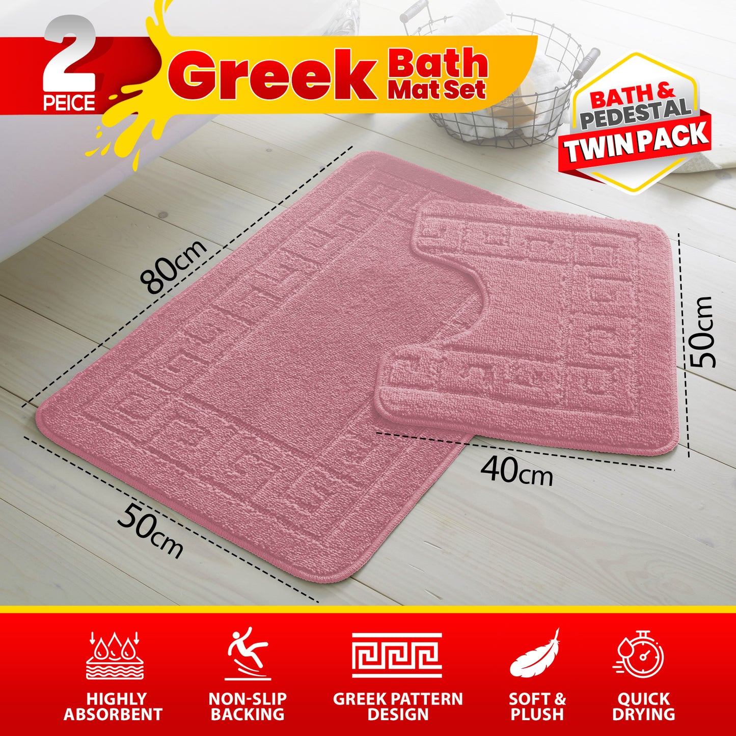 GC GAVENO CAVAILIA 2 Piece Greek Pattern Bathroom Mat Set | Soft & Plush 100% Polyester Bath Mat and Pedestal Rug | Non-Slip Backing, Highly Absorbent, Quick Drying |Machine Washable Bathroom Rugs | Ideal for Everyday Use | LOCAL WAREHOUSE | UK BRAND