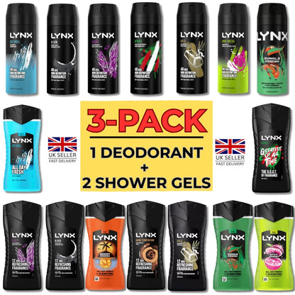 Lynx Deodorant & Shower Gel 3-PACK Bundle | Random Selection 1 DEO 150ML + 2 SHOWER GELS 225ml | Africa, Ice Chill, Black, Gold, Epic Fresh, Jungle Fresh, Sunset Fresh, Sport Refresh, Dark Temptation, Excite | Deodorant & Shower Gel Body Wash Cleanser for