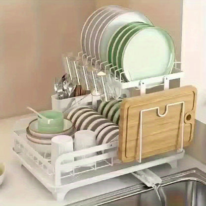 Dish Drying Rack, 2 Tier Foldable Stainless Steel Large Dish Drainer Rack with Drip Tray, Adjustable Utensil & Chopping Board Holder, Space- Saving Rustproof Non- Slip Kitchen Dish Dryer for Sink, Black