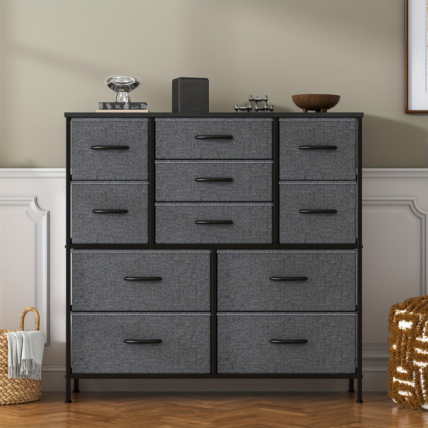 Large 11-Drawer Dresser with Sturdy Metal Frame & MDF Wood Top - Tall Fabric Storage Cabinet with Anti-Tip Design, Adjustable Legs, 68.58cm+ Height, 3.2 Cu Ft Capacity, Black Classic Modern Dresser for Bedroom, Living Room, Office - Easy Assembly, Space-S