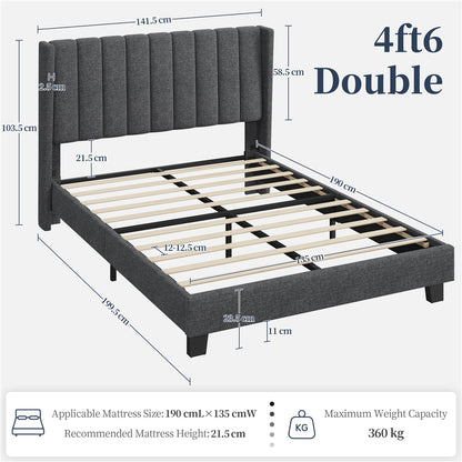Costoffs Upholstered Bed Frame, Double/King Size Bed Frame, Platform Bed Frame with Channel Tufted Headboard, Upholstered Bed Frame with Wing Side, Mattress Foundation with Wooden Slat Support, Sturdy Wooden Slat Support, No Box Spring Needed, Beige/Dark