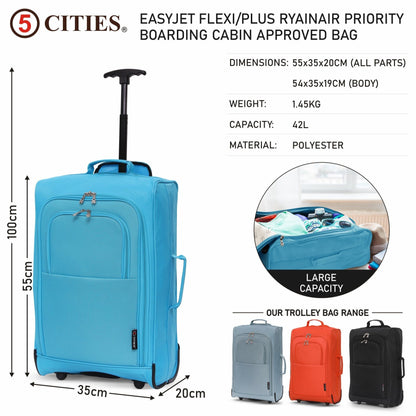 5 Cities 21” / 55cm Lightweight Carry On Travel Cabin Trolley Bag with Wheels, Cabin Approved Hand Luggage, 2 Year Warranty – Black