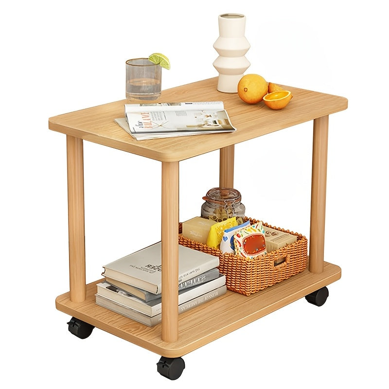 [Lightweight Design] Modern Rolling Sofa Side Table with 2 Tiers, Open Storage Shelf & Wheels – Light Wood Finish, Space-Saving Design for Living Room or Bedroom