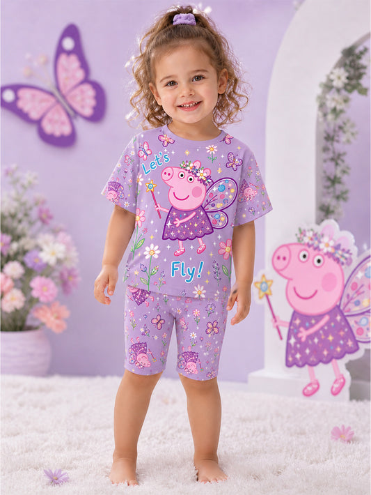 Genuine Peppa Pig Girls' Casual Round Neck Cartoon Fairy Dress Set with Peppa Wearing Colorful Wings, Magic Wand, Flower, and Butterfly Print Short Sleeve T-Shirt + Skinny Shorts, a Cute Gift for Girls, Perfect for Outdoor