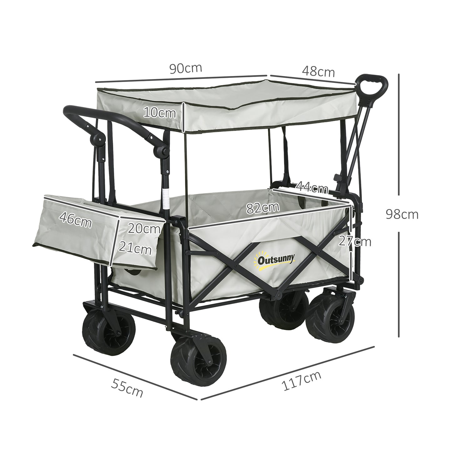 Folding Trolley Cart Storage Wagon Beach Trailer 4 Wheels with Handle Overhead Canopy Cart Push Pull For Shopping Camping, Spacious Design With Side Outer Pocket, Telescopic Pull Handle, Cup Holder, Steel Frame With 360° Rotating Wheels