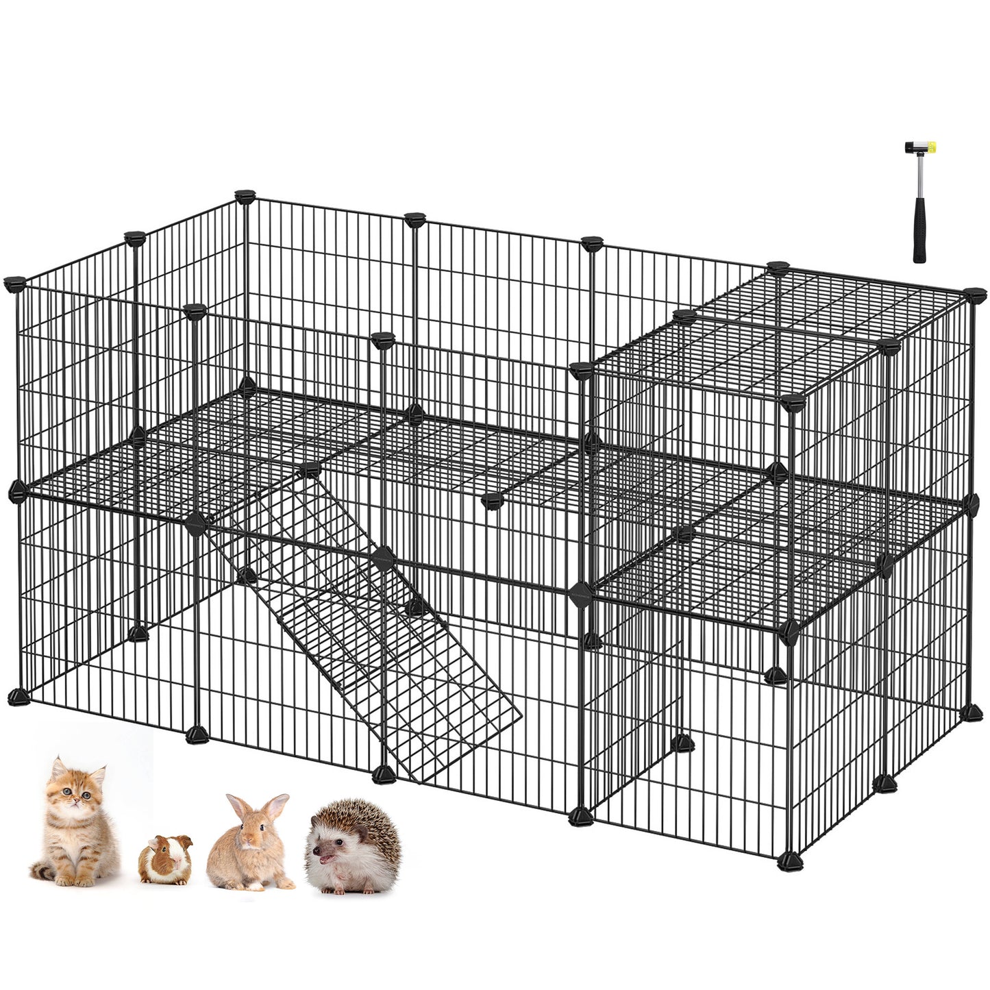 2-Floor Metal Pet Playpen, 36 Grid Panels, Customisable Cage Enclosure for Small Animals, Guinea Pigs Hamster Runs, Rabbit Hutches, Includes Mallet, Indoor, 143 x 73 x 71 cm, White/Black