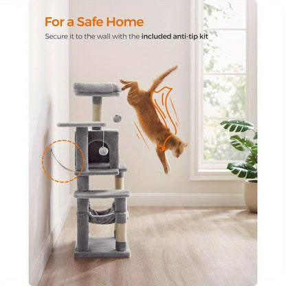 Multi-Level Cat Tree Tower with 4 Scratching Posts, Hammock, Cave & Interactive Toys – Tall Cat Condo for Indoor Cats