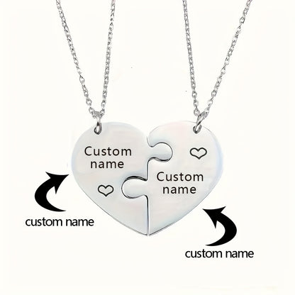 2pcs Interlocking Heart Puzzle Necklace - Engravable Stainless Steel Personalized Couples Gift with Custom Names, Elegant Minimalist Matching Jewelry for Casual Attire & Special Occasions, Romantic Accessory, Friendship Necklace, Romantic Design, Elegant